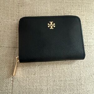 Tory Burch Black Zip Wallet with Gold Emblem